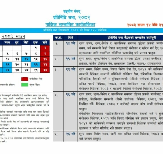 भदौ १५ सम्मका लागि संसदको कार्यतालिका सार्वजनिक