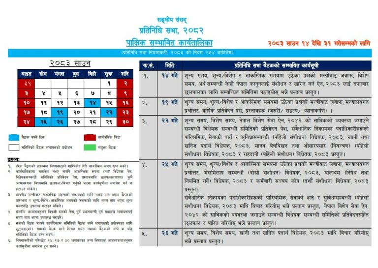 भदौ १५ सम्मका लागि संसदको कार्यतालिका सार्वजनिक